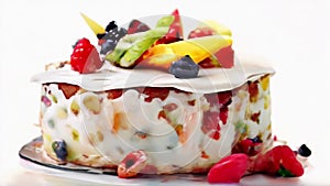 Big fruit cake with berries and drizzled icing. On white background. Concept of decadent dessert, berry cake, fruit