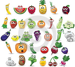 Big fruts and vegetable nuts set. Illustration fruts and vegetable. Funny vegetable face isolated on white background