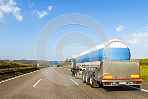 Big fuel gas tanker truck on highway