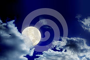 Big full moon and clouds in dark sky, the moon is behind the cloud as background