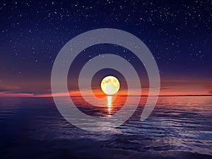 Big full moon  red  dark blue sunset at night starry sky  and sea water refloection landscape seascape skyline