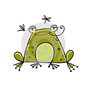 Big funny frog with fly. Isolated on white background. Cartoon for your design