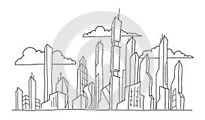 Big future city skyscraper sketch high-rise buildings. Hand drawn vector stock line illustration. Modern architecture