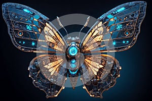 Big futuristic cyberpunk monarch butterfly isolated on dark background, complex mecanism with gears and energy core, blue and