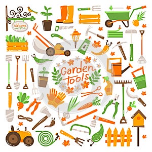 Big gardening icons set and design elements. Garden tools and decor collection, isolated on a white background.