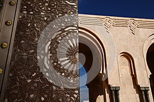 The Big Gate Titanium door of King Hussan II ,Mosque archways,Blue day in Casablanca, Morocco,Africa