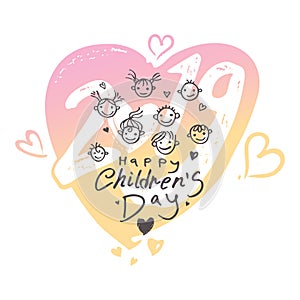 Big gentle heart for children`s day. Bright logo. Joyful smiling boys and girls template to the International Children`s Day 2019.