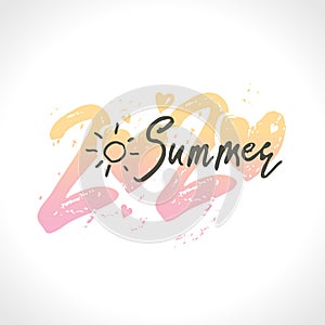 Big gentle hearts 2020. Beautiful logo. Handwritten word summer and painted sun.