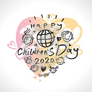Big gentle hearts 2020 for children`s day. Beautiful logo. Joyful smiling boys and girls template to the International Children`s