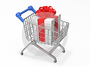 Big gift box in the shop cart 3d rendering