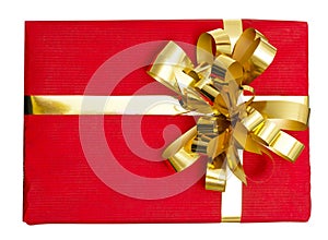 Big gift red box with ribbon isolated on a white