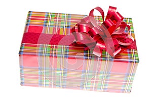 Big gift red box with ribbon isolated on a white