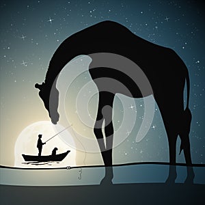 Big giraffe. Fisherman and animal silhouette. Man in boat at full moon