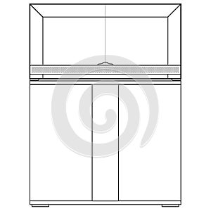 Big Glass Terrarium with ventilation glass doors. Terrarium with base cabinet, chest of drawers set Contour lines drawn, drawing