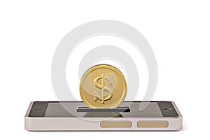 Big gold coin and mobile phone.3D illustration.