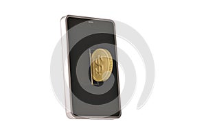 Big gold coin and mobile phone.3D illustration.