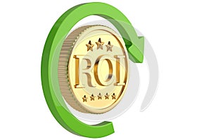 Big gold roi coin and green circular arrow isolated on white background 3D illustration.