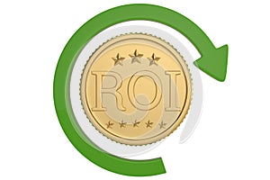 Big gold roi coin and green circular arrow isolated on white background 3D illustration.