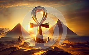 Big golden Ankh in a landscape in Egypt with pyramids at sunset