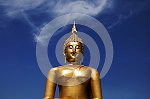Big golden Buddha at blue sky Wat Muang of Ang Thong