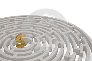 A big golden dollar sign in maze center. 3D illustration.