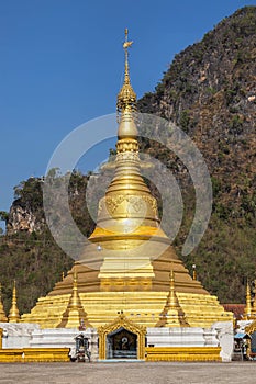 Big golden pagoda buddhist temple in paya thonzu district Kayin state, Myanmar Burma
