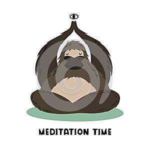 The big gorilla does meditation and yoga. The primacy and the third eye. Vector illustration in hand drawn style
