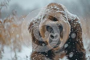 Big gorilla in the winter forest