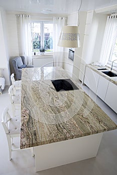 Big granitic worktop in bright kitchen