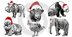 Big graphical set of animals in Santa Claus red hats on white background isolated, Christmas elements.