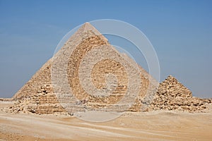 Big Great Cheops Pyramid and the Pyramid of Khafre behind the Pyramid of Menkaure  and pyramids of Queens