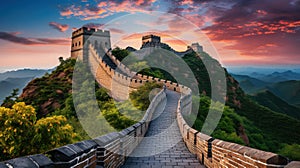 Big Great Wall of China at sunset,panoramic view. Generative AI