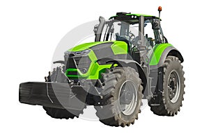 Big green agricultural tractor, front view