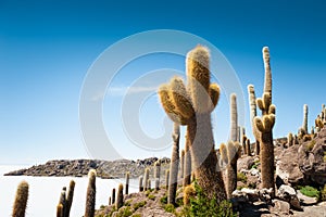 Big green cactuses on Incahuasi island, Salar de Uyuni salt flat, Altiplano, Bolivia