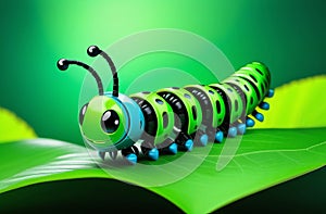 A big green cheerful caterpillar crawls on a leaf