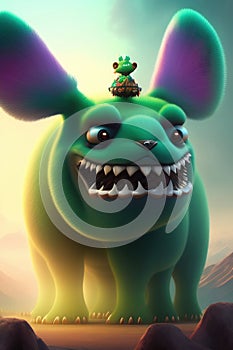 Big green cute furry monster with big green and purple ears, in the middle of the desert. AI generated