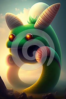 A big green cute furry monster with white striped ears of a bizarre shape against the background of the planets. AI generated