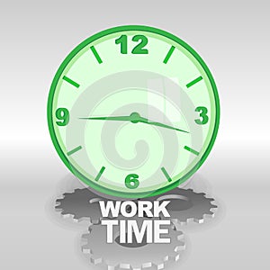 Big green 3d clock with work time text