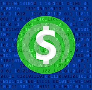 Big green dollar sign on blue binary code background