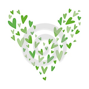 Big green heart made of small hearts isolated on white background, Hand drawn vector illustration made in flat simple doodle style