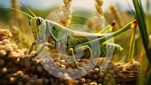 Big green hungry locust sits on a wheat spikelet in the field, macro, selective focus.