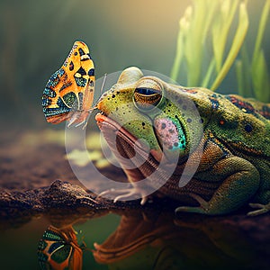 Big green toad frog and a beautiful butterfly on her nose, funny illustration with animals, frog eats