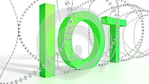 Big green word IOT surrounded by barbed wire on white