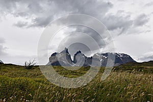 Big grey mountains in Torres del Paine National Park in Chile, Patagonia