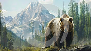 Big grizzly bear portrait in the mountains with forest and cliff background