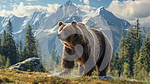 Big grizzly bear portrait in the mountains with forest and cliff background