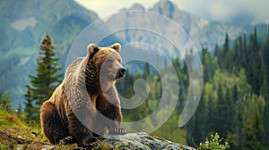 Big grizzly bear portrait in the mountains with forest and cliff background