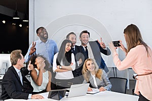 Big Group Of Business People In Office Together, Businesswoman Taking Photo Of Colleagues On Cell Smart Phone, Team