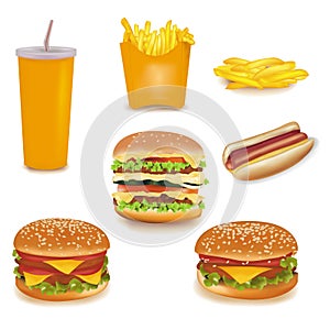 Big group of fast food products.