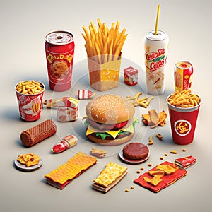 Big group of fast food products.Fast food 3d realistic render vector icon set.GenerativeAI.